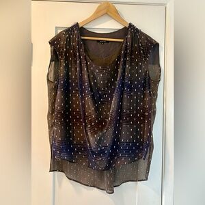 Pas De Calais Sheer Silk Navy & Taupe with Silver Box- Shaped Cap-Sleeve Blouse